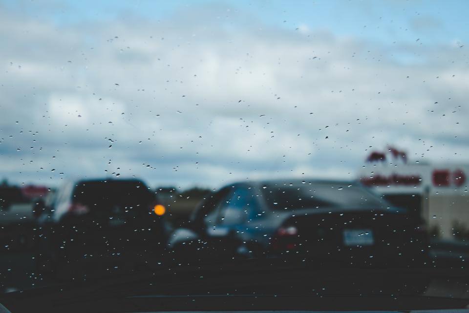 View through a windshield in freeway traffic